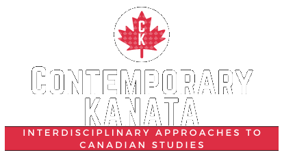 A black canvas with the words "Contemporary Kanata" written in white, a red bar below it with phrase "interdisciplinary approaches to canadian studies in it.